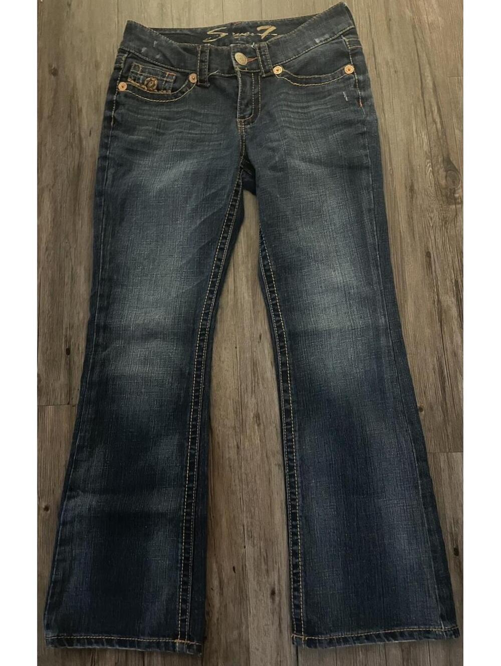 VTG Seven7 Bootcut Jeans Sz 6P Blue Dark Wash Embroidered